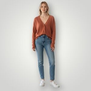 525‎ America Cropped Cardigan Sweater S Terracotta Rust 100% Cotton Distress